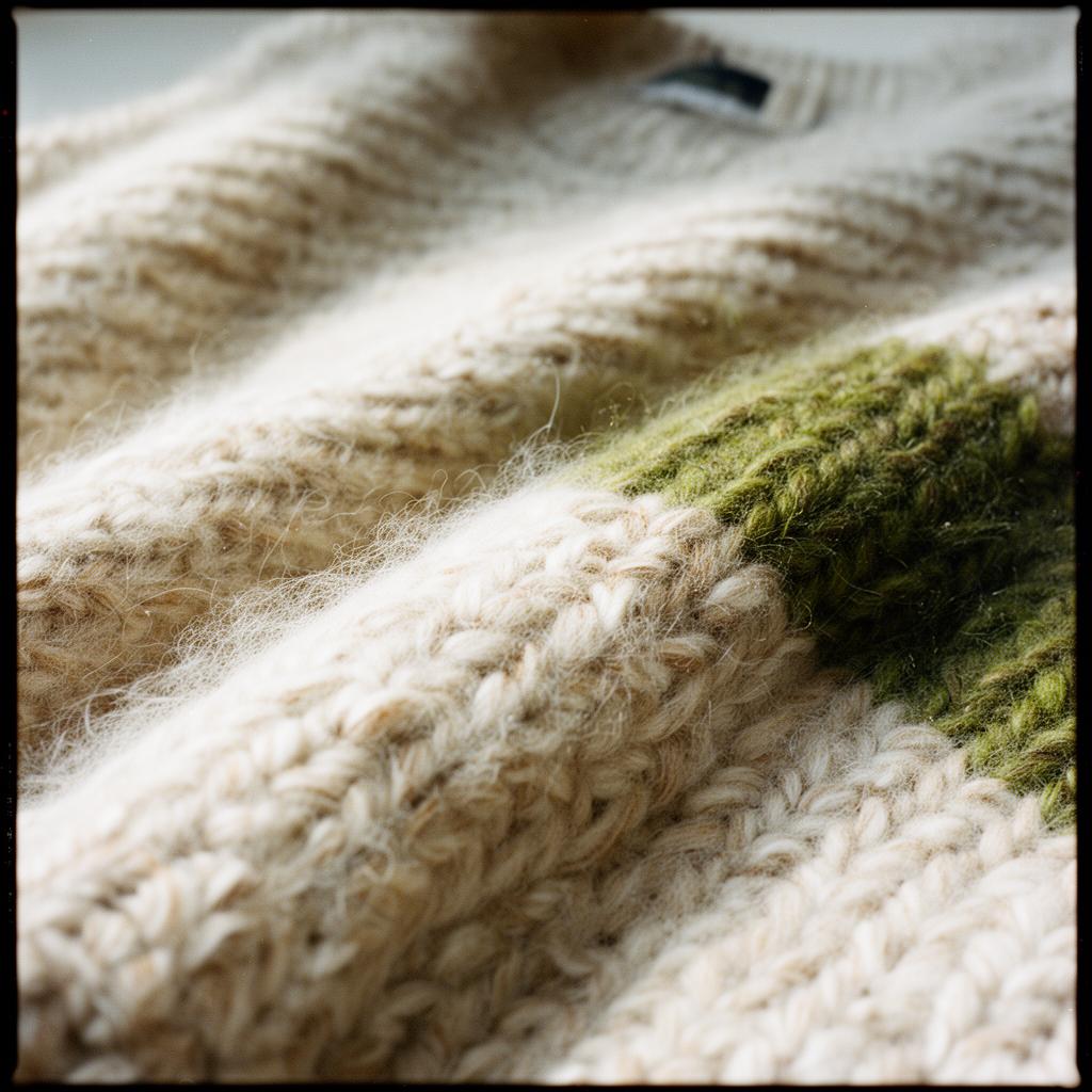 Macro close-up of cream and moss wool knit fabric