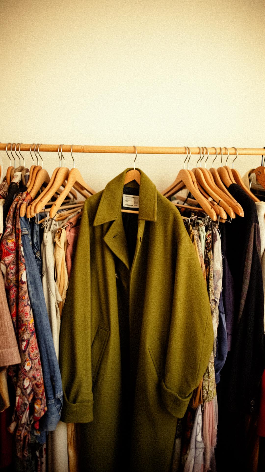Packed wardrobe rail with a moss green coat in the centre